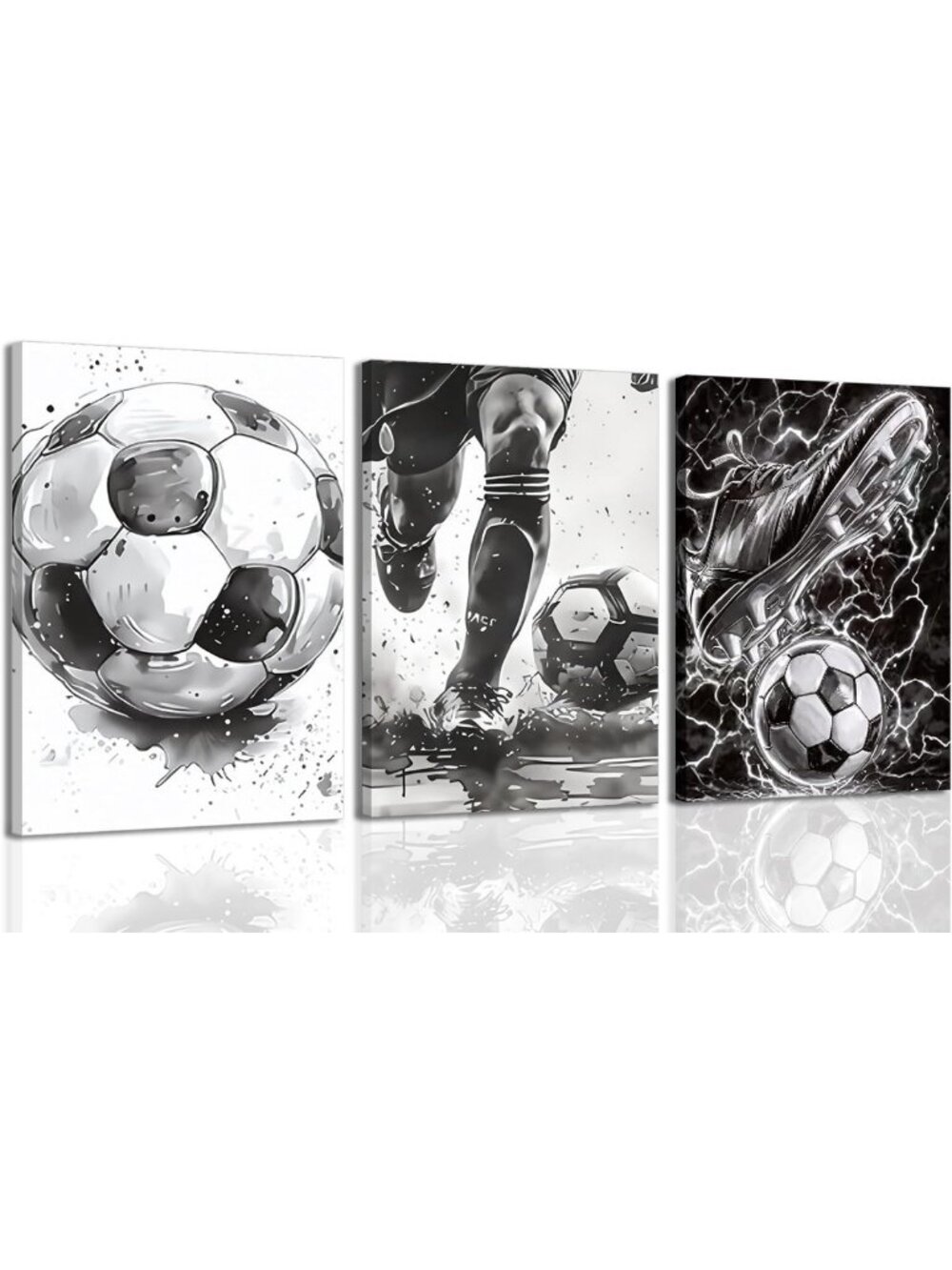 Set of 3 Black & White Soccer Canvas Wall Art - Modern Sports Decor for Boys'